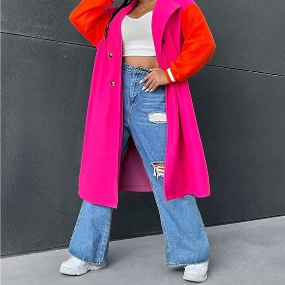 Bold Pink and Orange Trench Coat with Oversized Fit - Picture 6 of 15